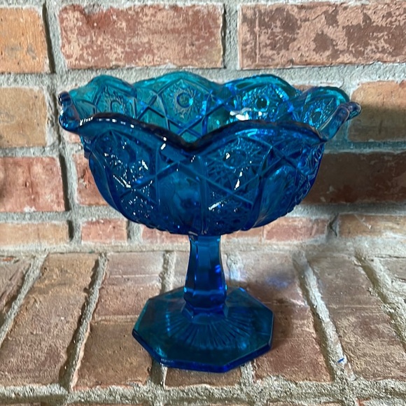 Vtg Turquoise Aqua Blue Glass Pedestal Compote Dish - Picture 1 of 6